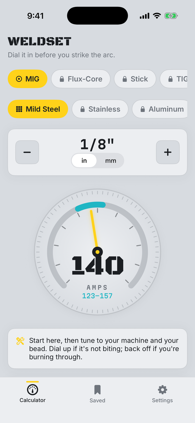 WeldSet setpoint dial showing 140 amps for MIG on 1/8 inch mild steel