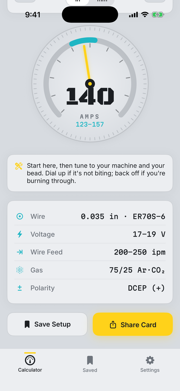WeldSet readouts: wire, voltage, wire feed, gas and polarity